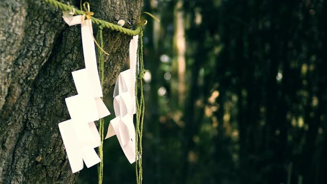神社の紙垂が風になびく様子　手持ち撮影