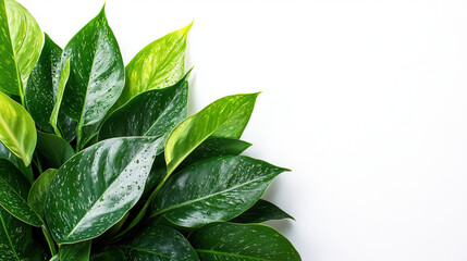 Lush green leaves with water droplets on white background, creating fresh and vibrant atmosphere. Perfect for nature and home decor themes