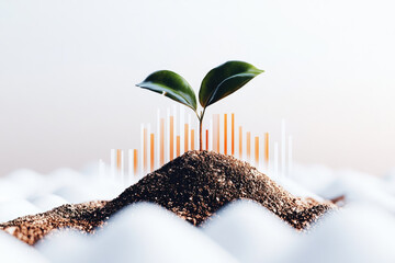 small plant with green leaves grows from mound of soil, symbolizing growth and progress, with digital bar graph overlay in background