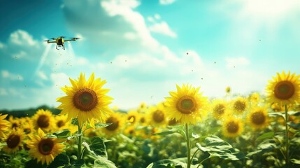 A high-speed drone disperses an eco-friendly insecticide mist over a field of sunflowers, ensuring pest-free growth
