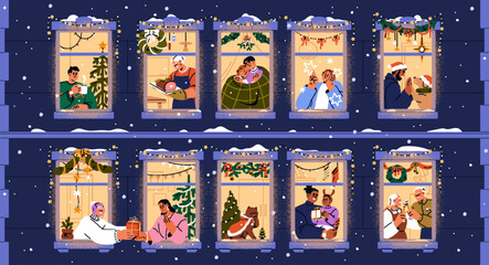 Christmas windows, happy people inside cozy festive home apartments, neighborhood. Winter holiday celebration in house decorated with light, tree. Neighbors celebrating Xmas. Flat vector illustration