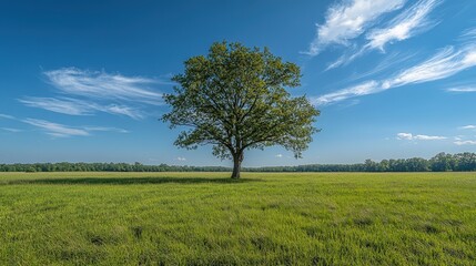 A serene grassy meadow bathed in sunlight, framed by a vivid azure sky; lush greens dance under endless, cloudless blue expanses