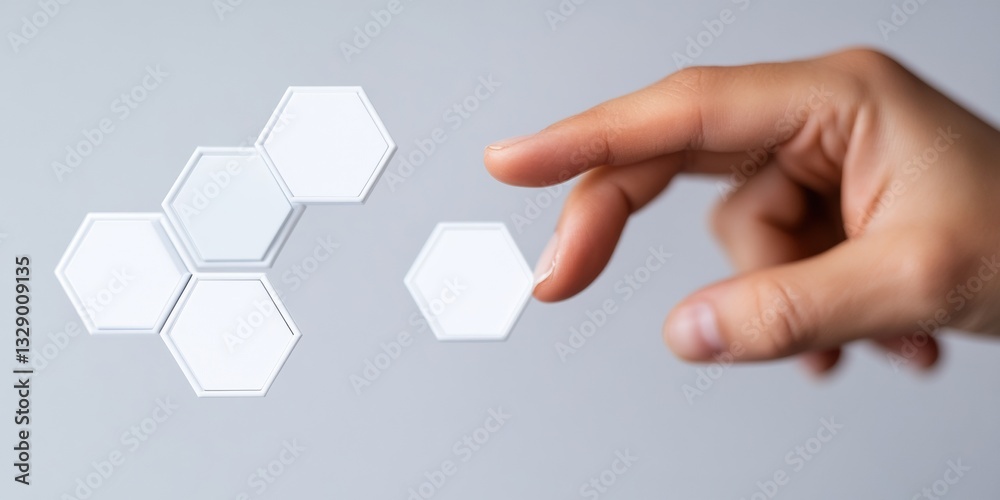 Poster Futuristic Digital Interface Transformation Minimalist Hand Interacting with Hexagonal AR Modules - Cutting-Edge Tech Innovation and Immersive User Experience Design