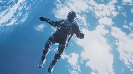 Fototapeta premium A parachutist descends gracefully from the edge of space, equipped with a sleek metallic exosuit, surrounded by clouds and the vast blue of Earth in the background.