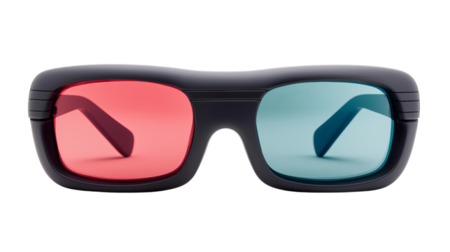 Png of Stylish 3D glasses with vibrant red and blue lenses, perfect for an immersive cinematic experience on transparent background.