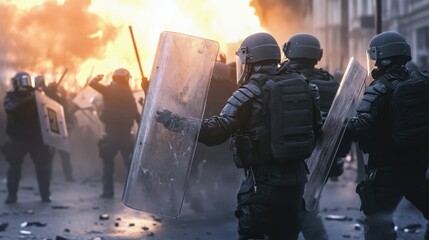 Riot police clash with protesters in a chaotic environment filled with smoke and flames, highlighting escalating tensions during a civil rights demonstration in the city.