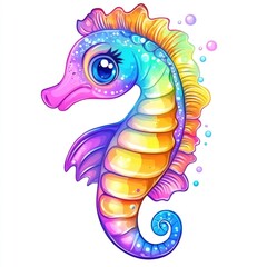 Fototapeta premium A colorful illustrated seahorse swims against a simple white background