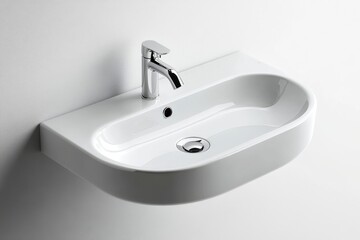 Modern white washbasin with chrome faucet and drain