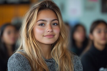 Fototapeta premium Young female with long hair expressing calmness in a learning environment
