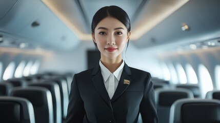 Stylish Asian female flight attendant stands confidently in an airplane cabin showcasing her uniform and professionalism while preparing for a flight at a busy airport