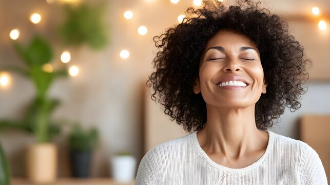 Smiling woman with eyes closed indoors with string lights in the backdrop
