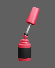 Fototapeta premium Nail polish bottle with brush applicator 3D vector illustration. Red and black luxury beauty fashion makeup product. Manicure pedicure beauty salon accessory nail polish open lacquer bottle 3D vector.