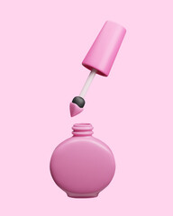 Pink 3d nail polish bottle with brush vector illustration. Cute female pink beauty makeup lacquer with brush applicator. Manicure pedicure cosmetic accessory 3D fashion beauty makeup.