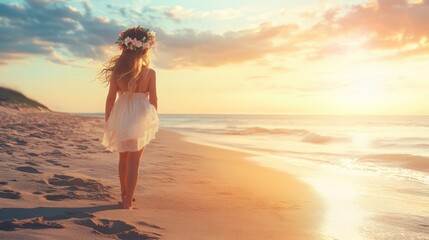 A young girl in a white dress with a flower crown strolls barefoot on the beach as the sun sets, illuminating the sky with warm colors. She embraces the peaceful moment by the ocean.
