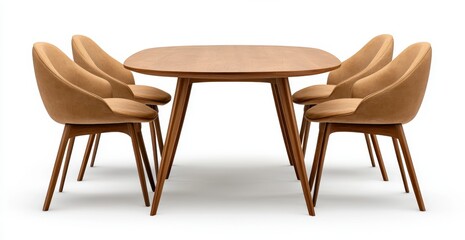Fototapeta premium Modern Walnut Wood Dining Set with Six Beige Chairs