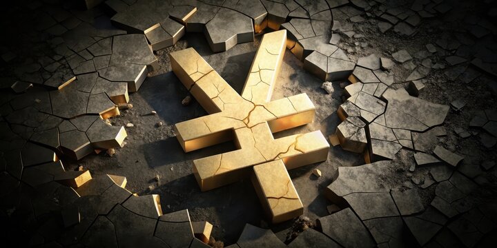 A cracked yen symbol with fragments scattered around it on a dark background , weak yen