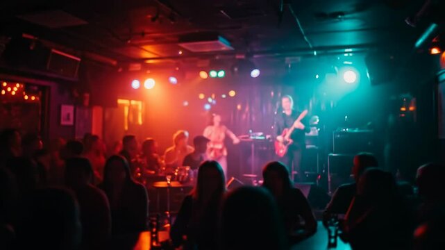 Live band performing on stage in nightclub with audience, illuminated by colorful lights. Nightlife, music performance, entertainment, celebration, small business