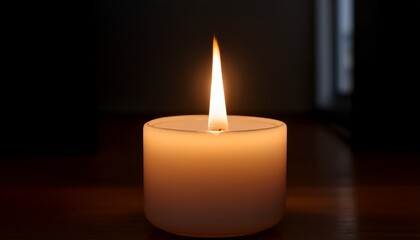 A single bright candle flame illuminates the center of a completely dark room, creating a striking contrast between light and shadow, evoking a sense of solitude and calm.
