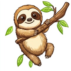 Cartoon Sloth Smiling While Hanging from a Tree Branch