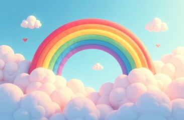 Bright rainbow arching over fluffy clouds in a vibrant sky with hearts