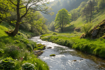 serene and natural landscape consists of a stream flowing through a ravine, surrounded by vibrant greenery and shimmering water