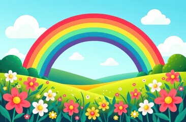 Vibrant rainbow arching over a colorful flower field under a clear sky