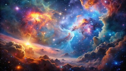 Fototapeta premium Astronomical wonder in deep space with vibrant colorful nebula and starry night sky featuring various shapes and textures of clouds, gas, and dust , Starry Night, Cloud Shapes