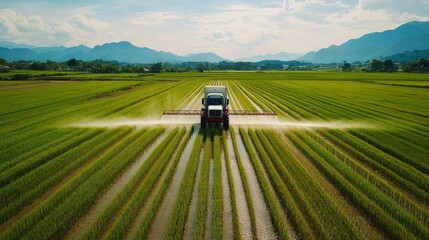 A large agricultural sprayer truck moves through an expansive rice field, delivering precise insecticide treatment.