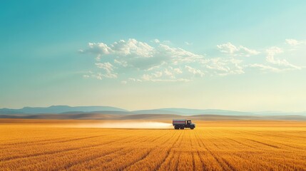 Obraz premium A large industrial sprayer truck covers a vast wheat field with insecticide, protecting crops from infestations