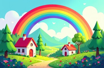 Colorful rainbow arcs over a picturesque landscape with charming houses