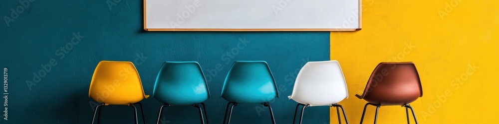 Poster minimalist learning spaces vibrant ergonomic chairs in bold color psychology - contemporary educatio