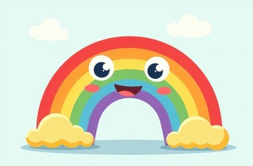 Colorful rainbow with a cheerful expression floating in a blue sky