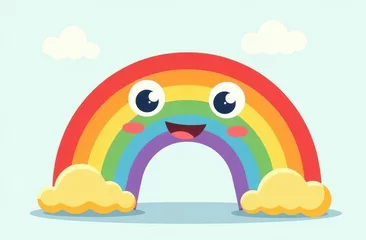 Colorful rainbow with a cheerful expression floating in a blue sky