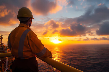 Fototapeta premium Offshore Worker Takes in Early Morning View of Ocean Sunrise Horizon