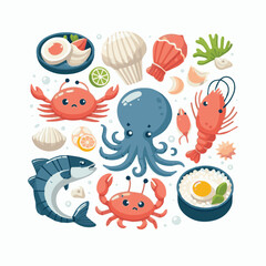 seafood, fish, restaurant, food, vector, illustration, menu, vintage, sketch, dinner, sea, fresh, design, ocean, shrimp, retro, ink, drawing, meal, background, lunch, graphic, market, gourmet, marine,