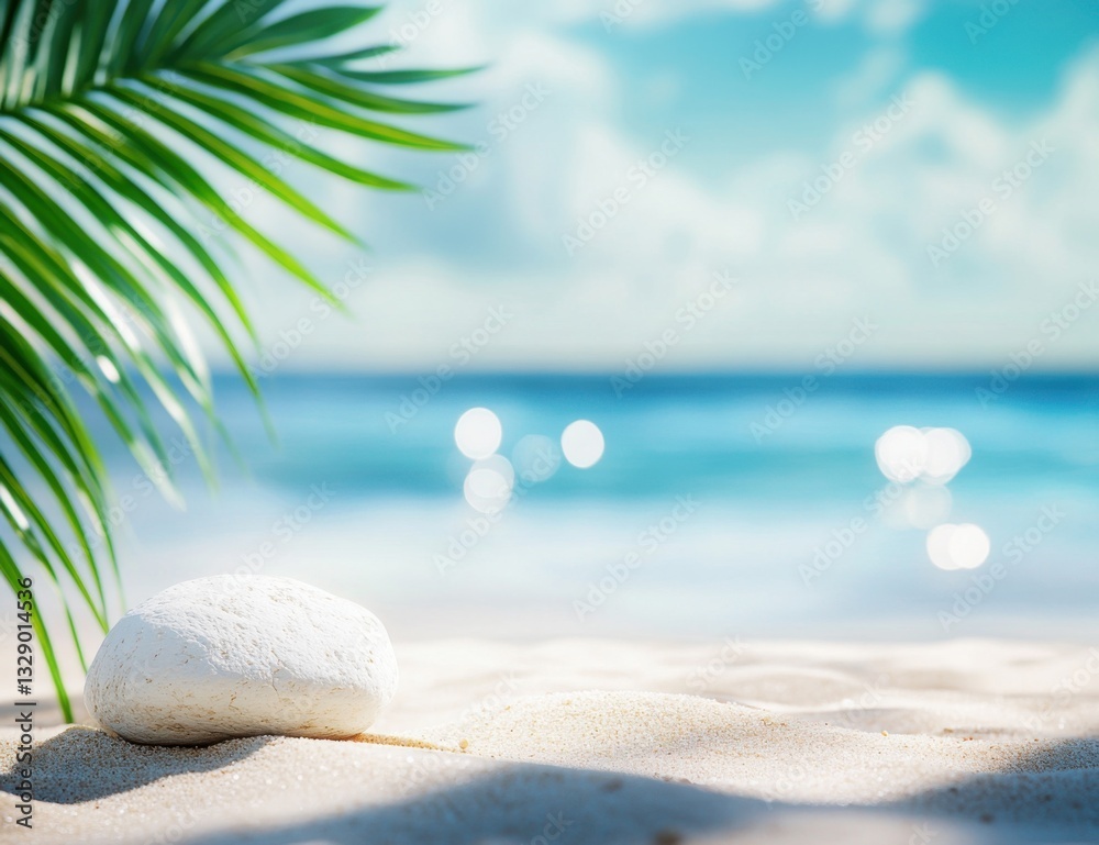 Aufkleber beautiful summer background with white stones and palm leaves on the beach. bright sunny day, blue s