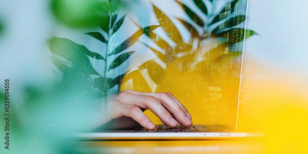 Poster minimalist digital workspace vibrant yellow keyboard with blurred tropical leaves - innovative remot
