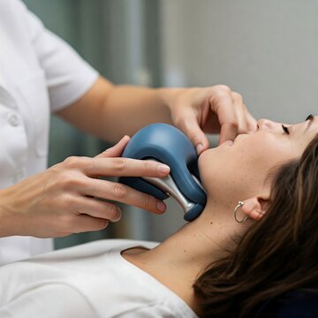 a physiotherapist&rsquo;s hands adjusting a cervical traction device on a patient, : Cervical Traction, Physiotherapist Hands, Patient Care, Soft Focus, Neck Therapy, Rehabilitation Device, Medical Equipmen
