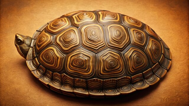 Intricately patterned turtle shell with swirls and ridges on brown background