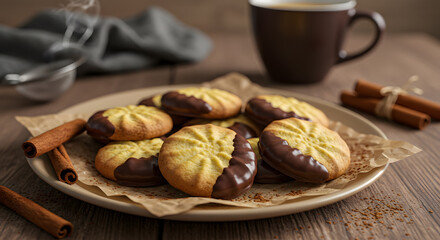 Delicious Homemade Chocolate Dipped Butter Cookies with Cinnamon Sticks A Perfect Sweet Treat for Coffee Lovers