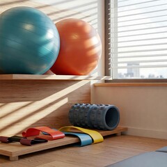 a physiotherapy clinic with a sleek exercise ball, resistance bands, and a massage roller arranged neatly on a wooden shelf,