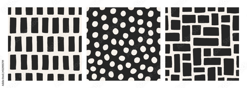 Leinwandbilder Abstract seamless patterns set. Simple hand-drawn textures with polka dots, lines, irregular grids. Endless background, repeating print for textile design in modern style. Flat vector illustration