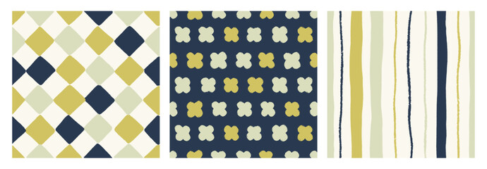 Seamless patterns, abstract textures set. Hand-drawn checkered, floral and striped designs, endless repeating prints. Modern-style backdrops for textile, fabric, wrapping. Flat vector illustration