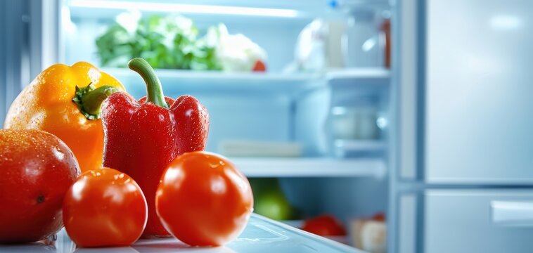 Eco-friendly fridge storage, reusable BPA-free containers filled with fresh ingredients, maintaining freshness and reducing food waste