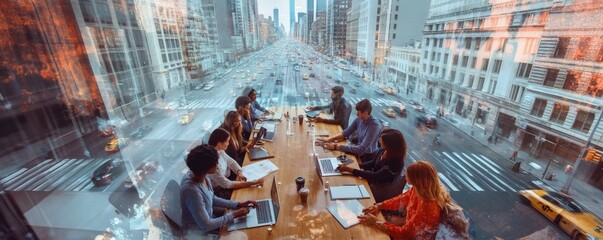 A Business Team Holds a Meeting with City Street Overlay