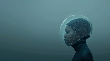 Obraz premium Woman in futuristic helmet, profile view against a muted background.