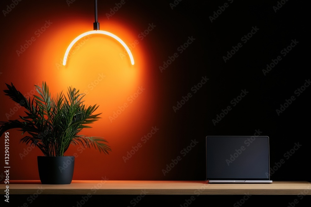 Poster minimalist workspace illumination sleek neon arc lamp and biophilic design inspiring productivity in