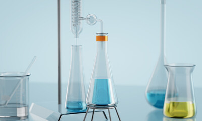 3D Laboratory glassware with colorful liquids undergoing chemical experiment