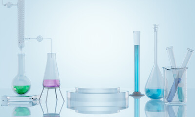 3D Laboratory glassware containing colorful chemical liquids is conducting scientific experiment