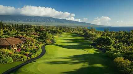 A luxury golf resort where golfers drive along a smooth, emerald green fairway, with panoramic views of the surrounding mountains and ocean